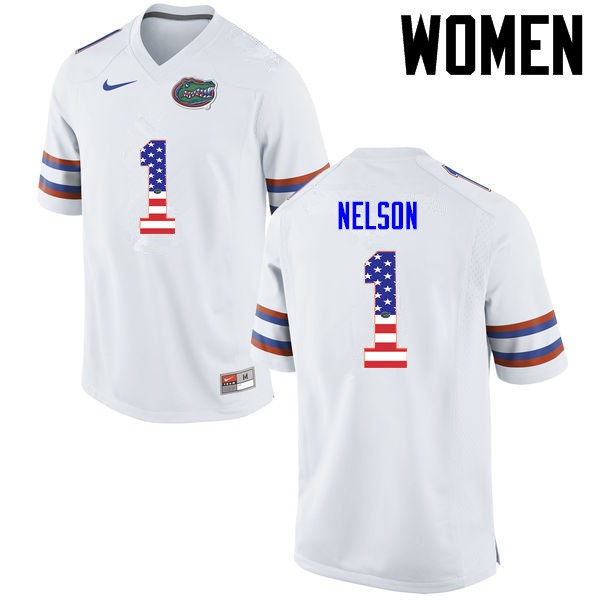 Florida Gators Women #1 Reggie Nelson College Football USA Flag Fashion White